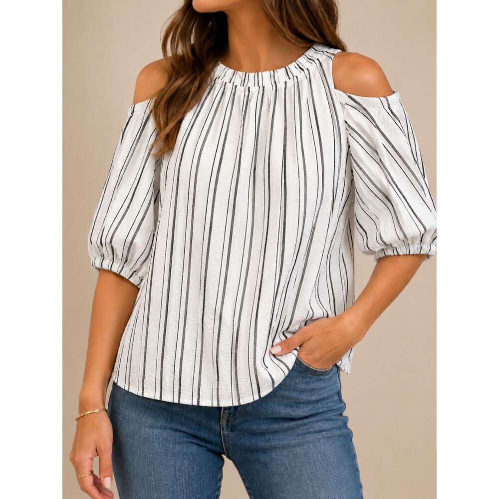 Worthington White Black Stripe Cold Shoulder Blouse S Puff Sleeve Coastal Chic